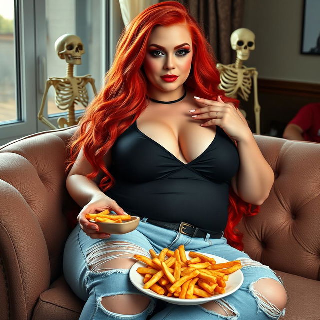 A beautiful, sexy, curvy woman with long flame red hair cascading down her shoulders, featuring bright colored face makeup that enhances her striking features