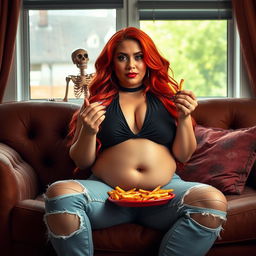 A beautiful, sexy, curvy woman with long flame red hair cascading down her shoulders, featuring bright colored face makeup that enhances her striking features