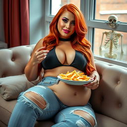 A beautiful, sexy, curvy woman with long flame red hair cascading down her shoulders, featuring bright colored face makeup that enhances her striking features