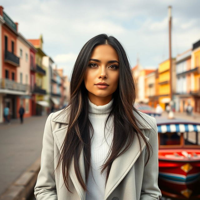 A captivating woman standing tall, in full body view, with no makeup, around 40 years old, featuring long dark hair and a warm tan