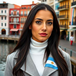 A captivating woman standing tall, in full body view, with no makeup, around 40 years old, featuring long dark hair and a warm tan