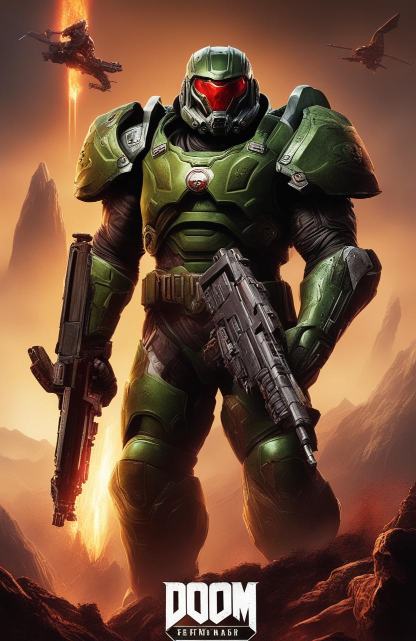 A high-quality digital art movie poster for the video game Doom, featuring the Doom Slayer with his Super Shotgun against a hellish landscape