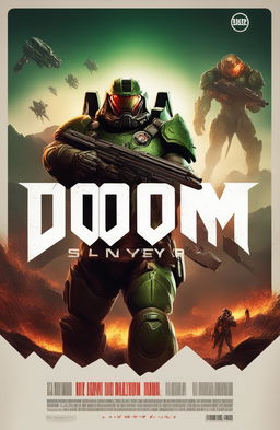 A high-quality digital art movie poster for the video game Doom, featuring the Doom Slayer with his Super Shotgun against a hellish landscape