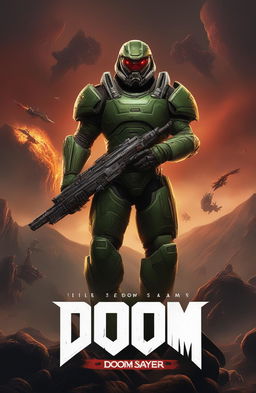 A high-quality digital art movie poster for the video game Doom, featuring the Doom Slayer with his Super Shotgun against a hellish landscape