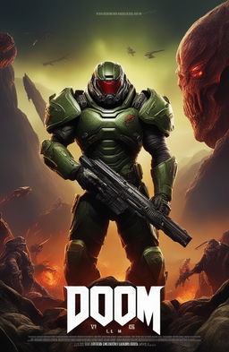 A high-quality digital art movie poster for the video game Doom, featuring the Doom Slayer with his Super Shotgun against a hellish landscape