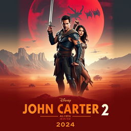 An exciting teaser poster for 'John Carter 2' (2024), featuring Taylor Kitsch and Samantha Morton in prominent roles