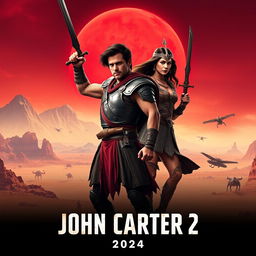 An exciting teaser poster for 'John Carter 2' (2024), featuring Taylor Kitsch and Samantha Morton in prominent roles