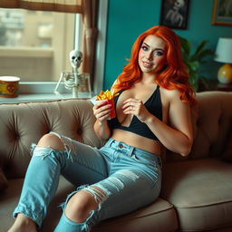 A beautiful, sexy, curvy woman with long flame red hair and bright colored face makeup, sitting on a plush couch eating fries