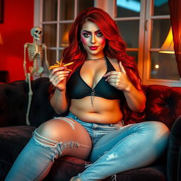 A beautiful, sexy, curvy woman with long flame red hair and bright colored face makeup, sitting on a plush couch eating fries