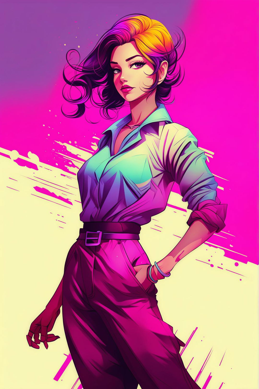 A high-quality digital art image of a female character in a confident pose, rendered in a vibrant style