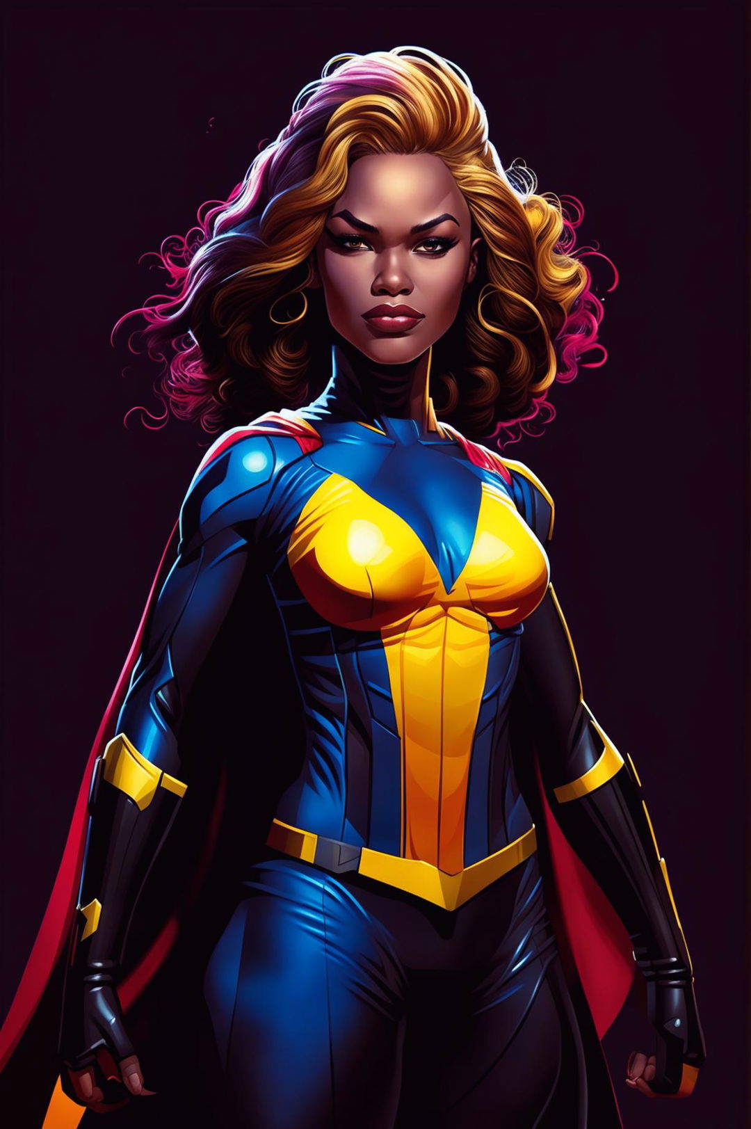 A high-quality digital art image depicting a strong and confident female superhero with dark skin