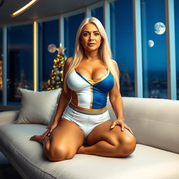 A full-body image of a beautiful 55-year-old MILF with Venezuelan features, dressed in a sexy volleyball outfit that is white, blue, and has golden details