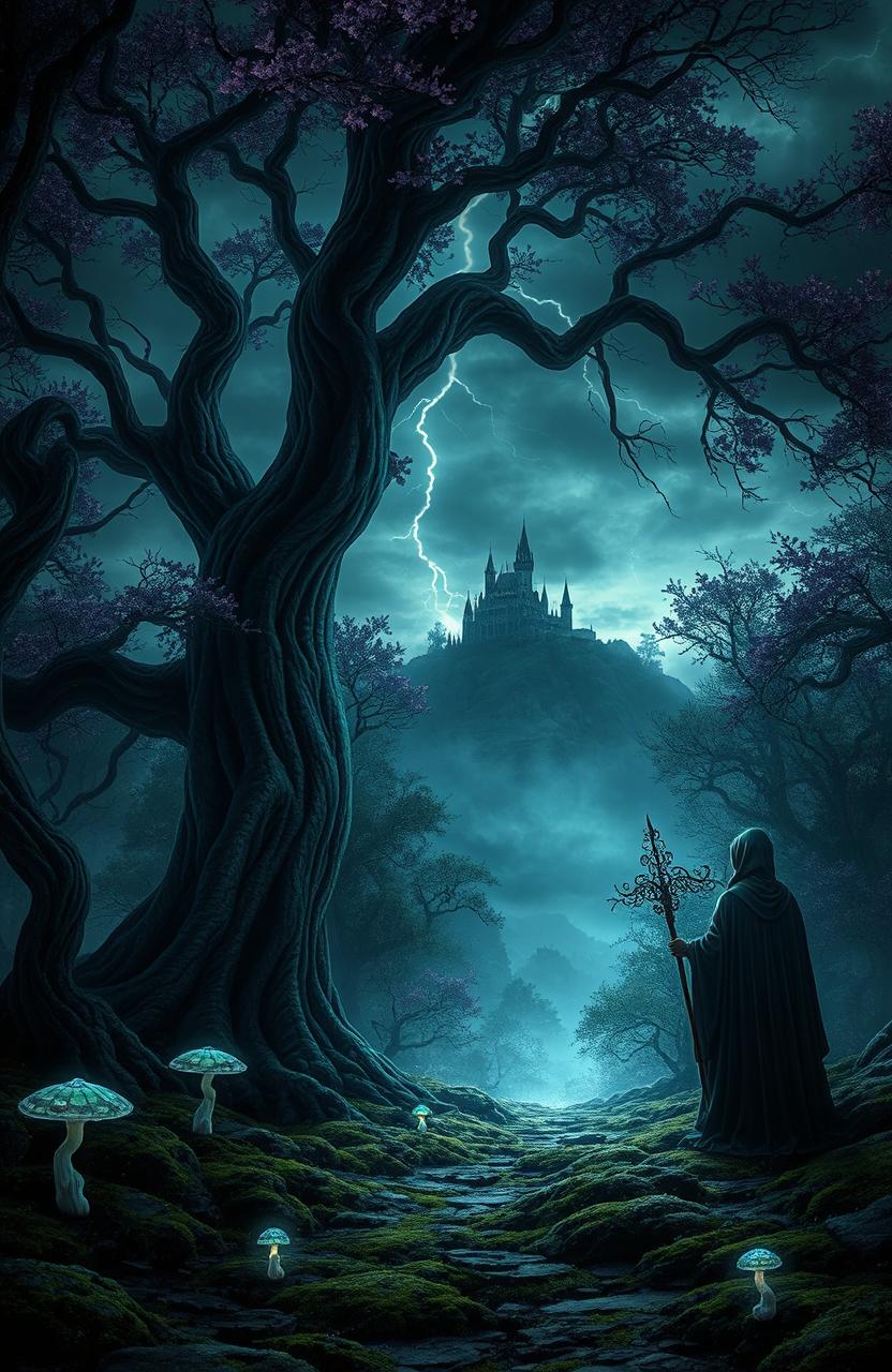 A captivating dark fantasy scene set in a mystical forest