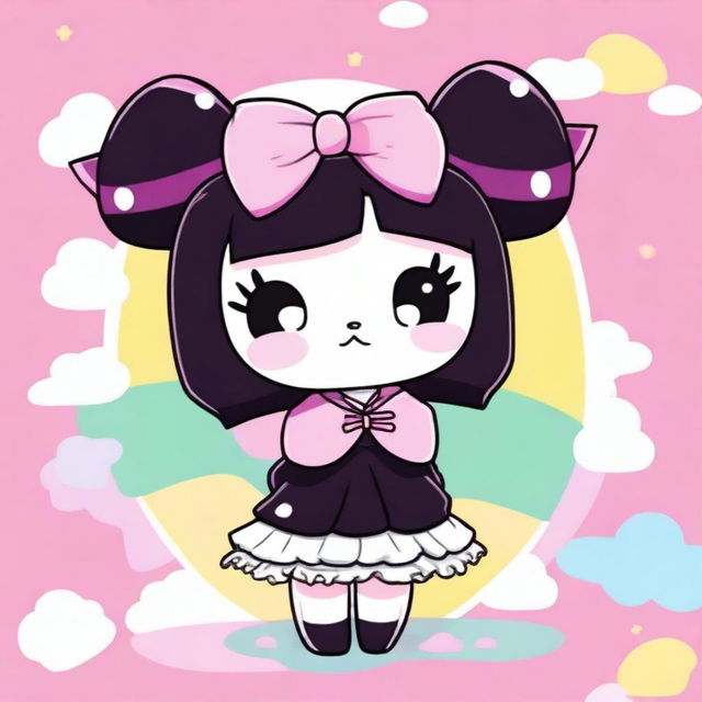 A high-quality digital art image featuring Kuromi from 'Onegai My Melody', depicted in her iconic style against a vibrant pastel background