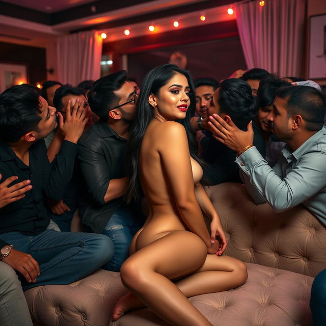 A lively party scene in a stylish house featuring a stunning 18-year-old Pakistani girl, fully naked and revealing her side boob while sitting on a plush couch