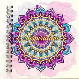 A beautifully designed notebook cover featuring an intricate mandala pattern in vibrant colors, with shades of purple, teal, and gold