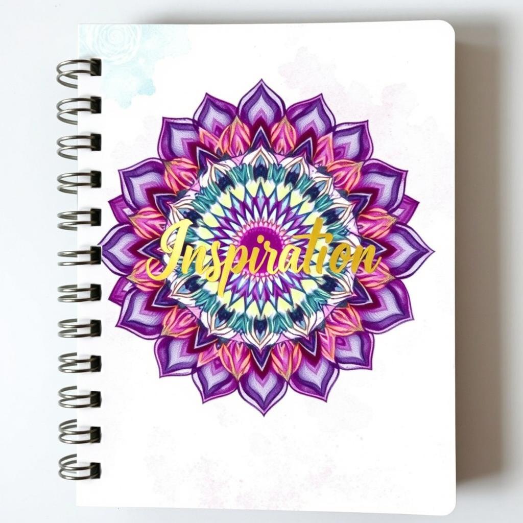 A beautifully designed notebook cover featuring an intricate mandala pattern in vibrant colors, with shades of purple, teal, and gold