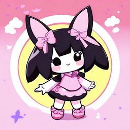 A high-quality digital art image featuring Kuromi from 'Onegai My Melody', depicted in her iconic style against a vibrant pastel background