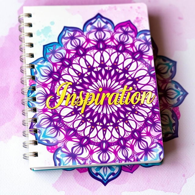 A beautifully designed notebook cover featuring an intricate mandala pattern in vibrant colors, with shades of purple, teal, and gold