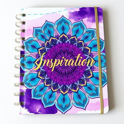 A beautifully designed notebook cover featuring an intricate mandala pattern in vibrant colors, with shades of purple, teal, and gold