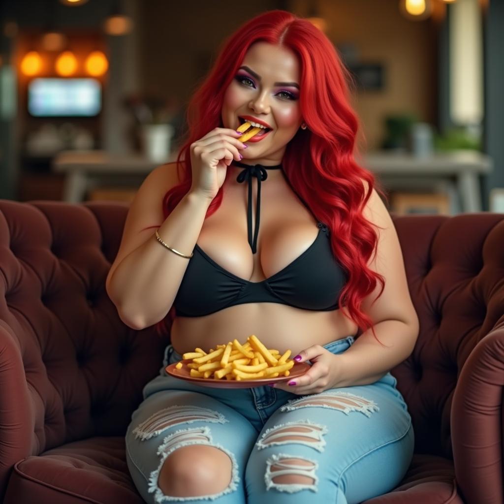 A beautiful, sexy, curvy woman with long flame red hair and bright colored face makeup, sitting comfortably on a stylish couch while enjoying a plate of fries