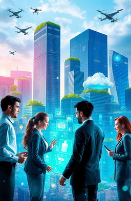 A visually stunning representation of information technology concepts, featuring a futuristic cityscape with floating holograms and digital interfaces