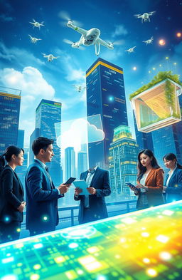 A visually stunning representation of information technology concepts, featuring a futuristic cityscape with floating holograms and digital interfaces