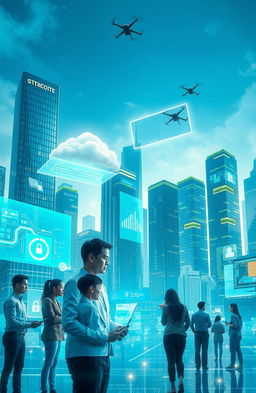A visually stunning representation of information technology concepts, featuring a futuristic cityscape with floating holograms and digital interfaces