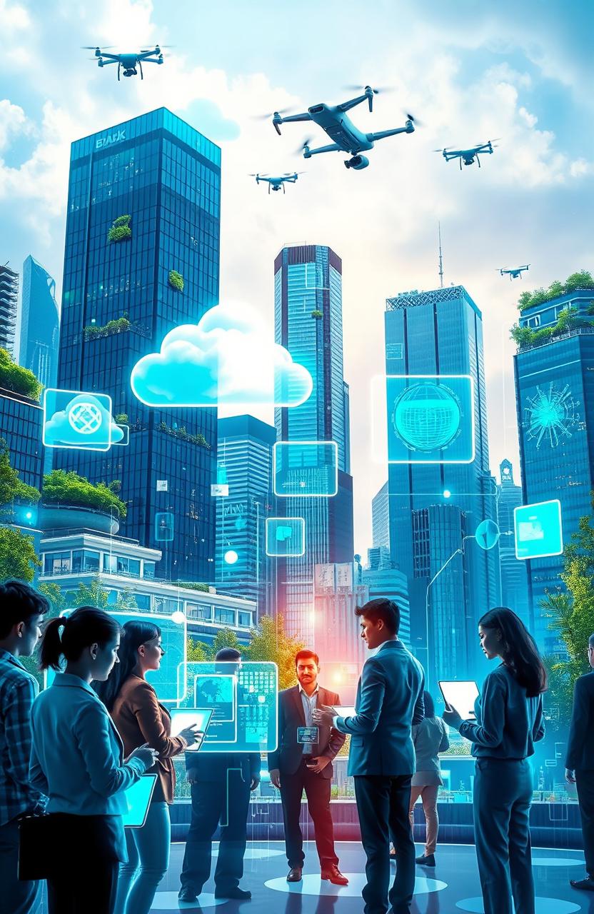 A visually stunning representation of information technology concepts, featuring a futuristic cityscape with floating holograms and digital interfaces