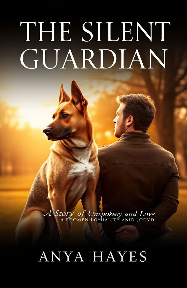 An elegant eBook cover for 'The Silent Guardian' featuring a strong yet gentle dog sitting protectively beside a man in his mid-30s