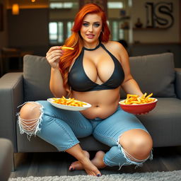 A beautiful, sexy, curvy woman with long flame red hair and bright colored face makeup, sitting on a modern couch while enjoying a plate of fries