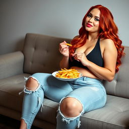 A beautiful, sexy, curvy woman with long flame red hair and bright colored face makeup, sitting on a modern couch while enjoying a plate of fries