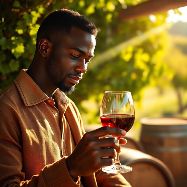 A black man elegantly checking the wine in a wine glass, surrounded by a warm and inviting atmosphere