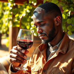 A black man elegantly checking the wine in a wine glass, surrounded by a warm and inviting atmosphere