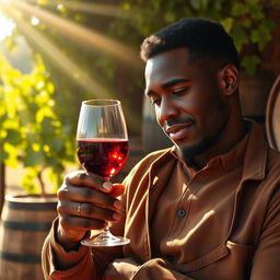 A black man elegantly checking the wine in a wine glass, surrounded by a warm and inviting atmosphere