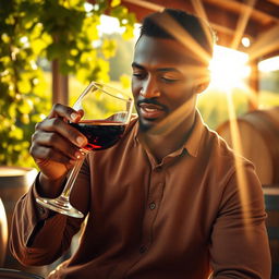 A black man elegantly checking the wine in a wine glass, surrounded by a warm and inviting atmosphere