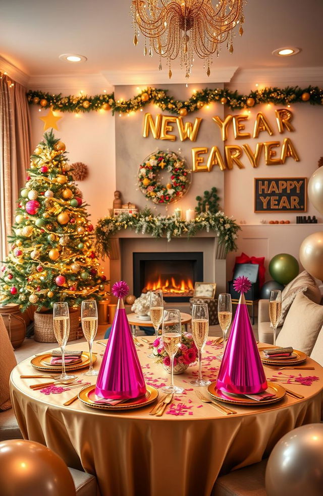 A beautifully decorated living room ready for New Year's celebration, showcasing festive elements like string lights, a large sparkling Christmas tree, colorful ornaments, and a cozy fireplace