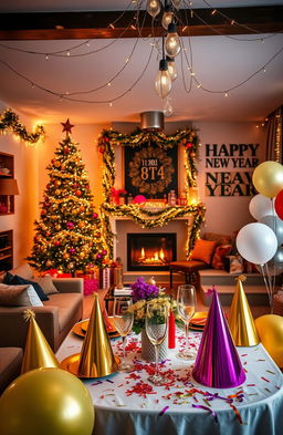 A beautifully decorated living room ready for New Year's celebration, showcasing festive elements like string lights, a large sparkling Christmas tree, colorful ornaments, and a cozy fireplace