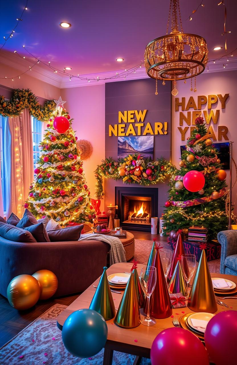 A beautifully decorated living room ready for New Year's celebration, showcasing festive elements like string lights, a large sparkling Christmas tree, colorful ornaments, and a cozy fireplace