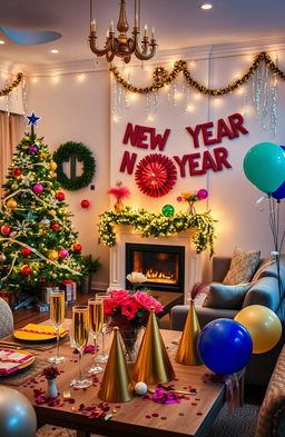 A beautifully decorated living room ready for New Year's celebration, showcasing festive elements like string lights, a large sparkling Christmas tree, colorful ornaments, and a cozy fireplace