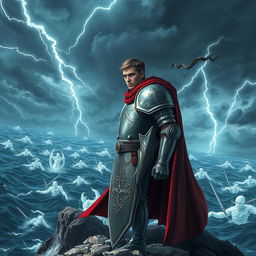 An epic scene of a heroic knight in full armor, standing valiantly on a rocky cliff overlooking a vast and stormy sea