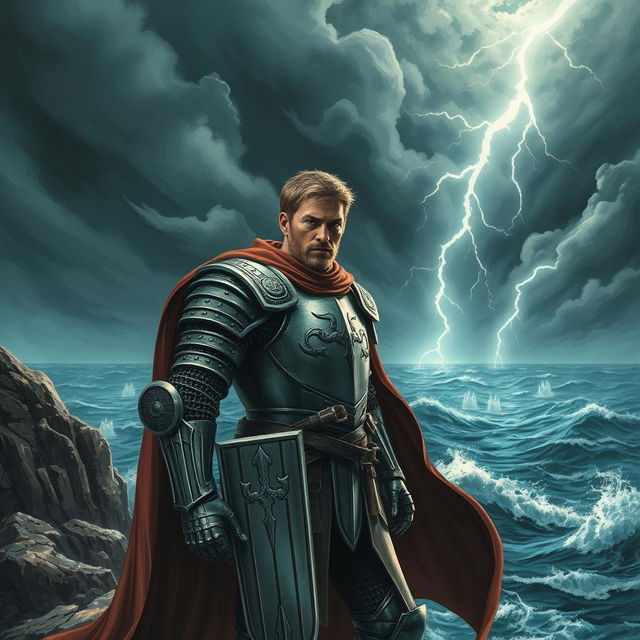 An epic scene of a heroic knight in full armor, standing valiantly on a rocky cliff overlooking a vast and stormy sea