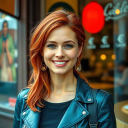 A 30-year-old woman with striking red hair and a European appearance, dressed in stylish, modern clothing