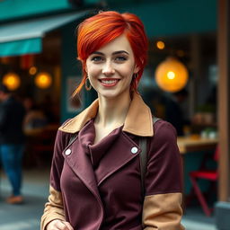 A 30-year-old woman with striking red hair and a European appearance, dressed in stylish, modern clothing