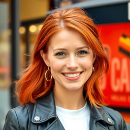 A 30-year-old woman with striking red hair and a European appearance, dressed in stylish, modern clothing