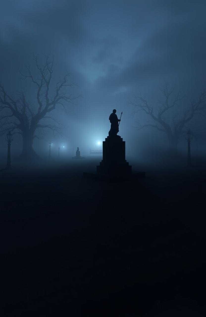 A hauntingly beautiful scene depicting shadows of forgotten memories swirling around an empty, mist-covered landscape