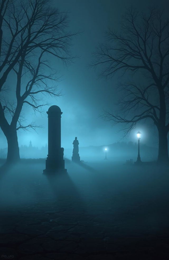 A hauntingly beautiful scene depicting shadows of forgotten memories swirling around an empty, mist-covered landscape