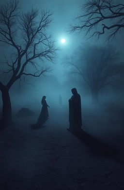 A hauntingly beautiful scene depicting shadows of forgotten memories swirling around an empty, mist-covered landscape