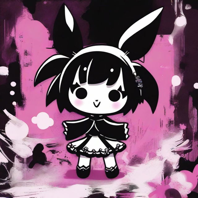 A high-quality digital art image featuring Kuromi from 'Onegai My Melody' in a unique metal-inspired style