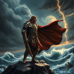 A powerful and inspiring image depicting a gallant knight standing resolutely on a rocky cliff, gazing out over a turbulent ocean under a stormy sky